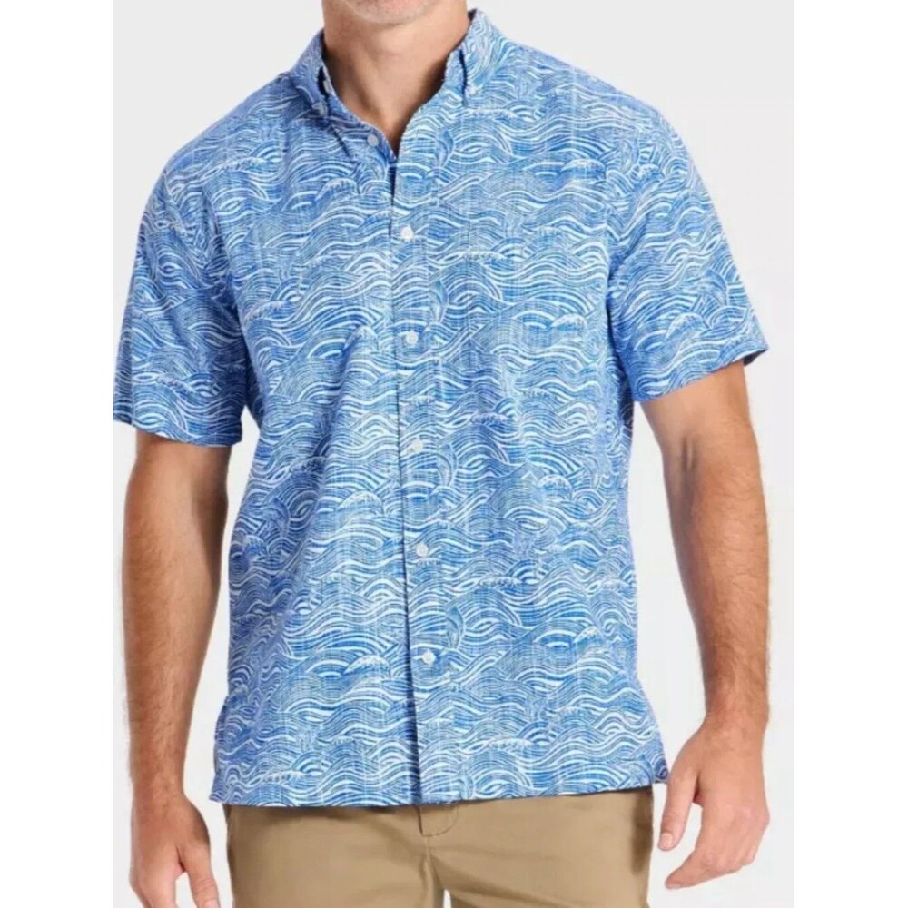 Reyn Spooner Goodfellow Short Sleeve Button-Down Shirt Blue Wave Mens LARGE New
